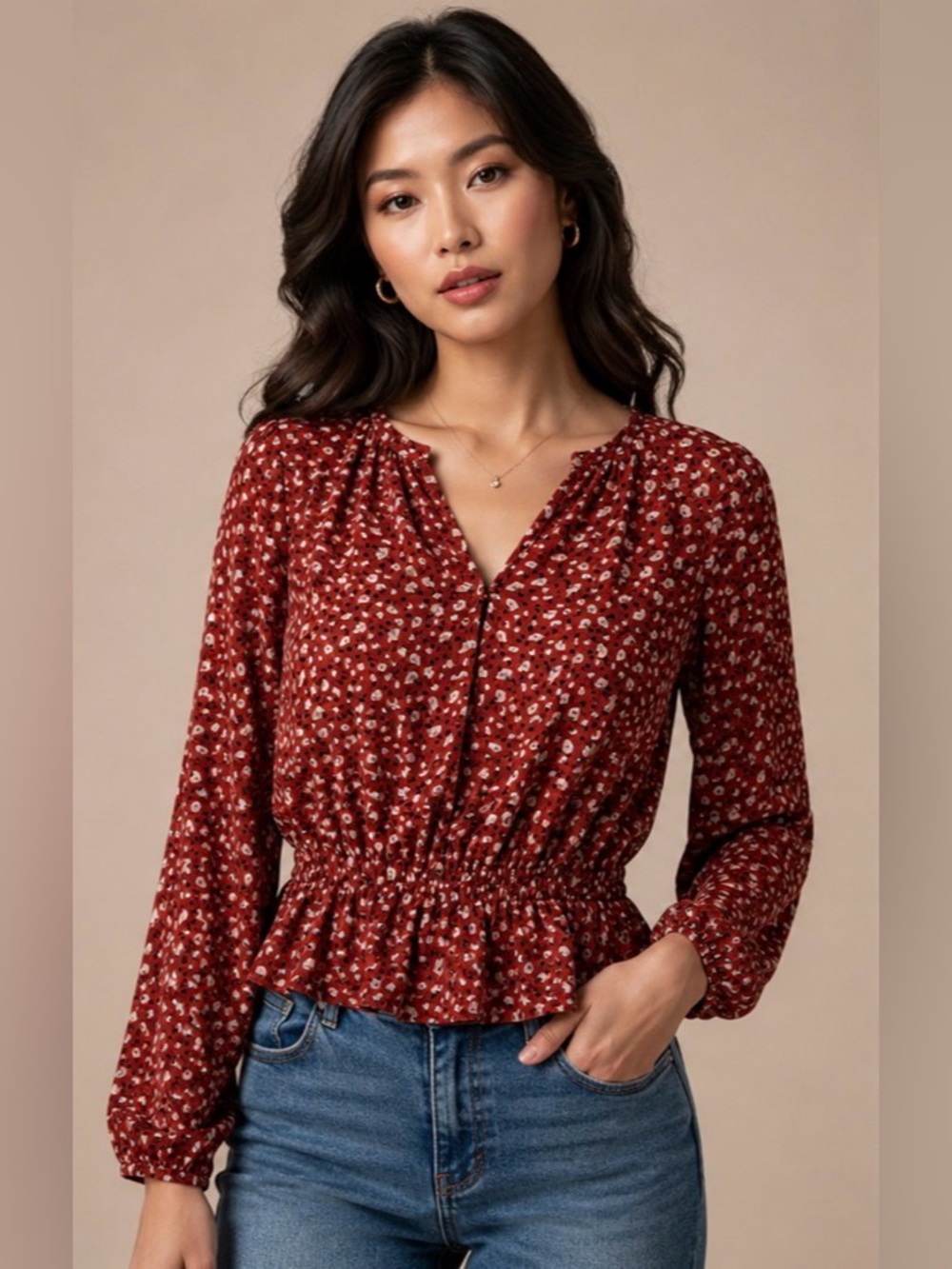 Sirena Sky | Floral Peplum Long-Sleeve Top in Rust with Front Loop Buttons